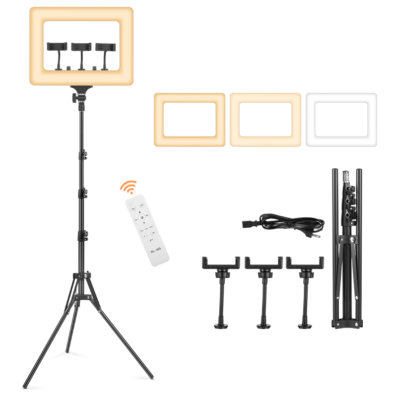 Ring Light 18 Inch Studio - 18インチ写真撮影用リングライト、2000-7500K調光可能なスクエアリングフィルライト、AC電源、スタジオメイク用携帯電話ホルダー3個付き