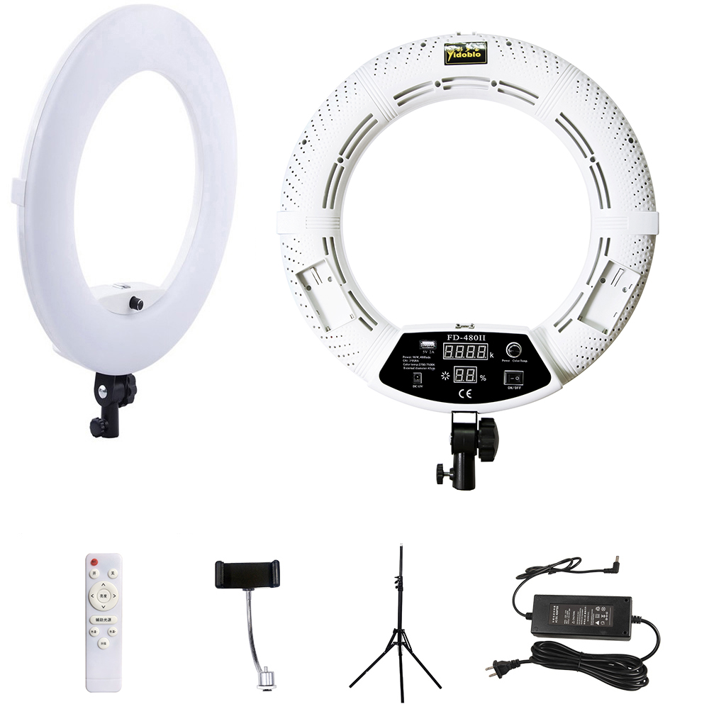 Ring Light 18 Inch Studio - Yidoblo 18インチリングライト（スタンド付き）、96W、FD-480、ビューティースタジオ用LEDリングランプキット、2700K～7500K、ビデオライト、メイクアップ用、セルフィーライト。