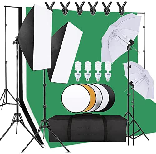 Photography Backdrop Stand Kit - 費用対効果の高い写真スタジオ機材セットには、背景スタンド、リフレクター、写真撮影用照明キット、アンブレラソフトボックスセットが含まれています。