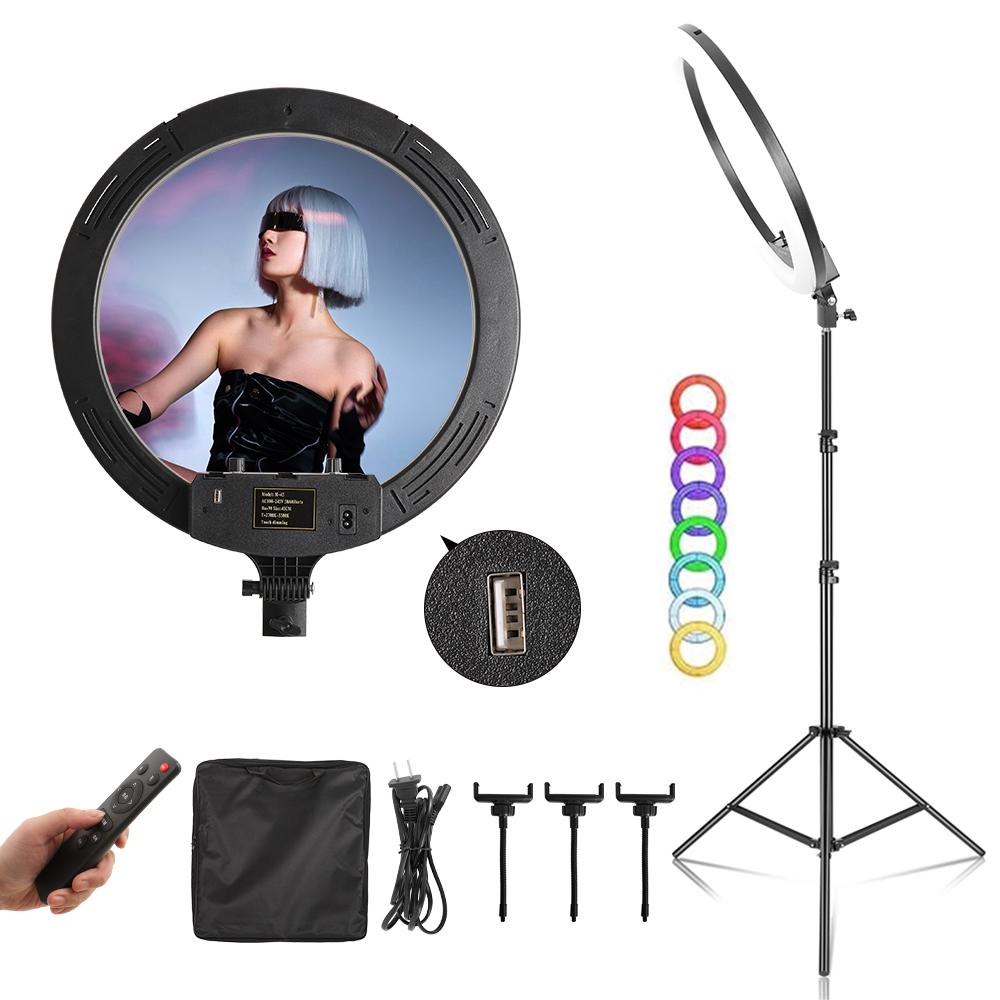 Ring Light 18 Inch Studio - 三脚と電話クリップ付きのrgb調光可能セルフィーリングライト、ライブ用ランプ、メイクアップ、youtube、スタジオ、18インチ
