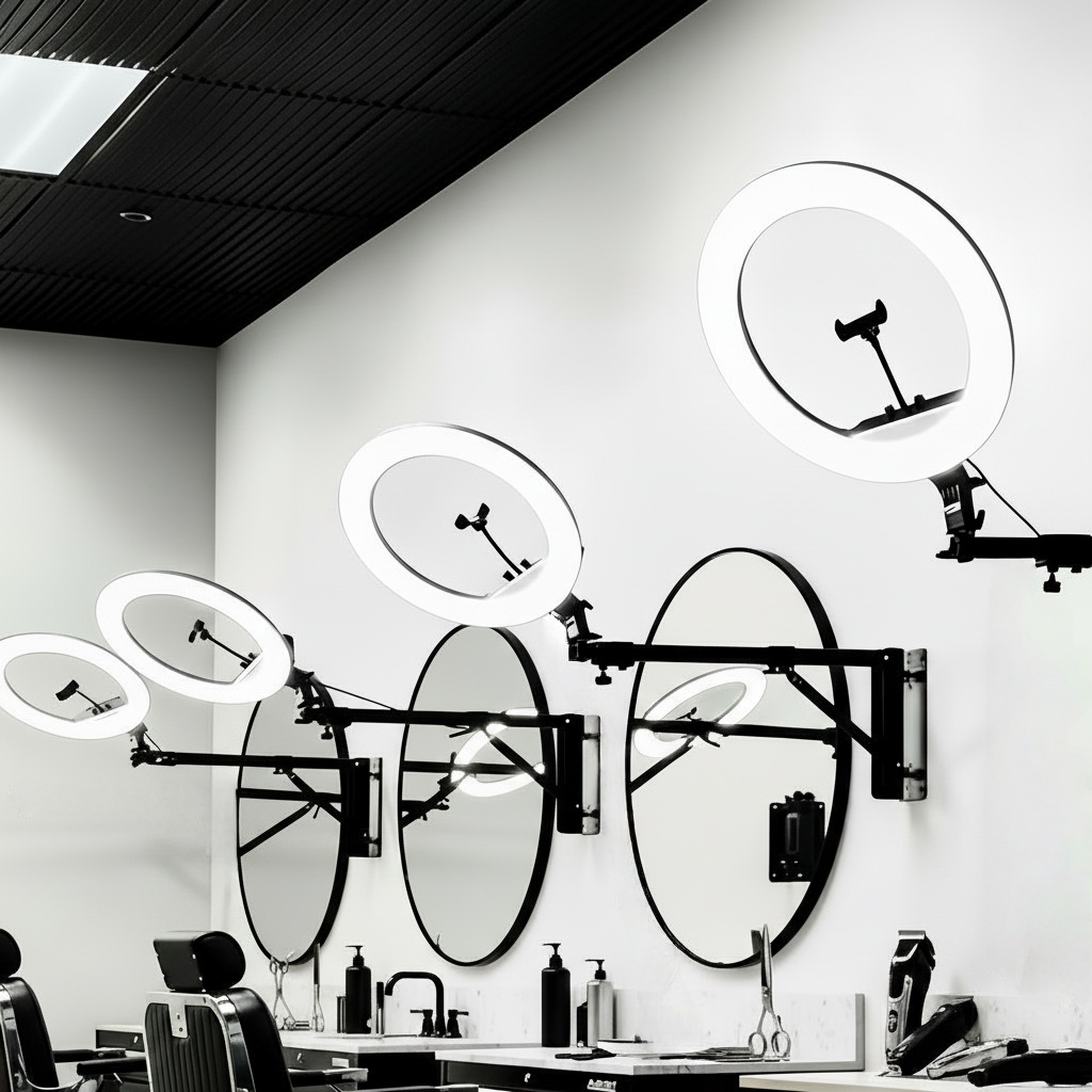 Ring Light 18 Inch Studio - 18インチの調光機能付きLEDリングライト。壁掛け式で、美容院、理髪店、メイクアップスタジオ、タトゥースタジオ、写真撮影などに適しています。